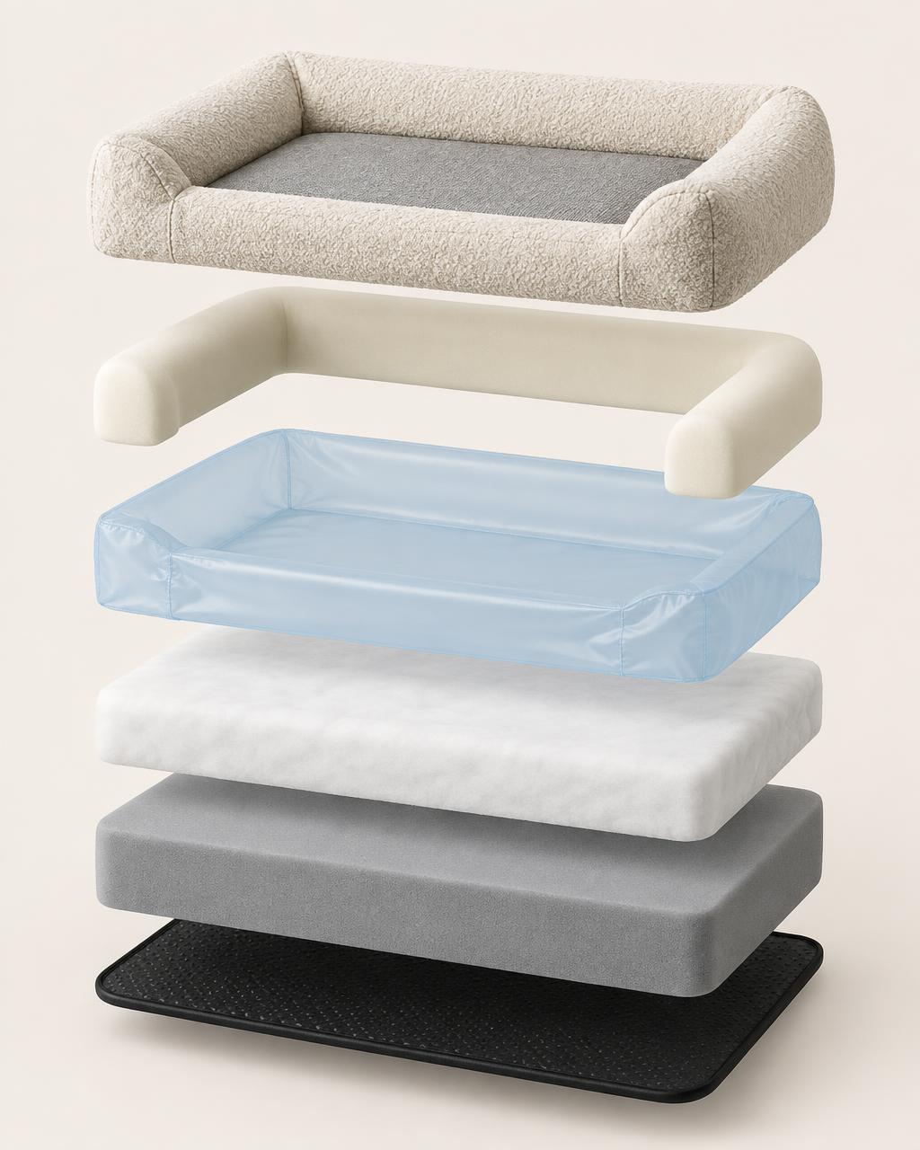 Exploded view of the Grounding Heart Pet Bed showing every layer